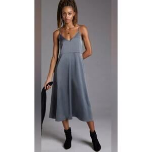 Anthropologie Daily Practice‎ Satin Midi Slip Dress Pewter Gray w/ Pockets S